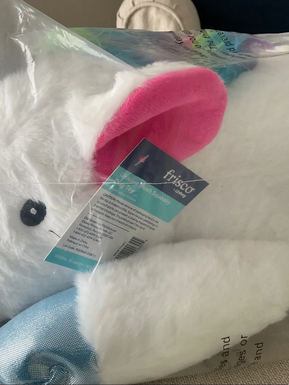 Plush Unicorn Dog Toy - White with Blue Accents